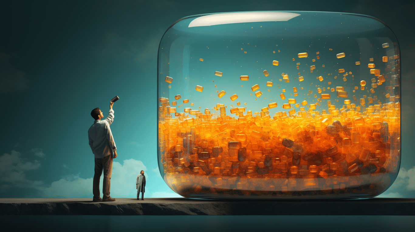 abstract image of a researcher studying a bottle of drug.