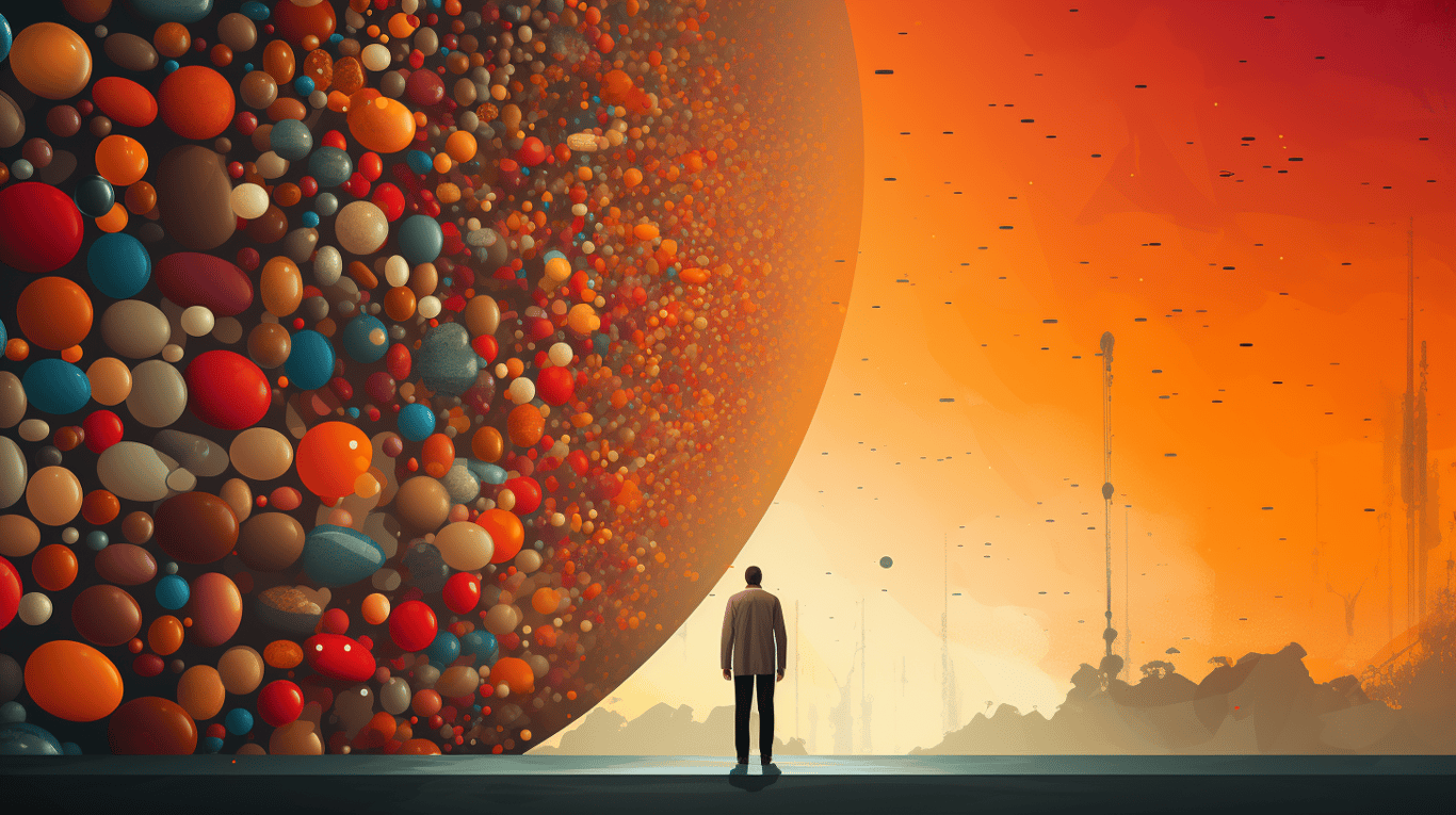 abstract image of a researcher studying a bottle of drug.