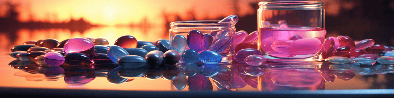 image of drug pills surrounding a glass of water symbolizing drug consumption