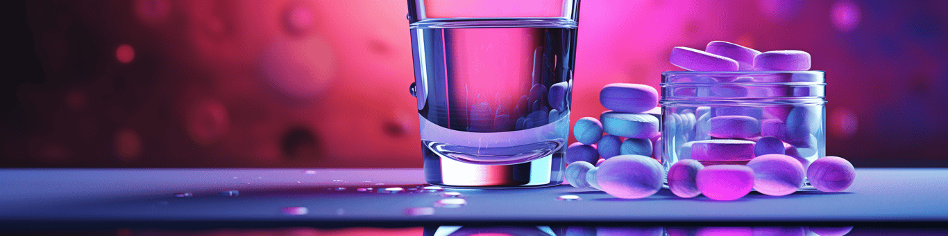 image of drug pills surrounding a glass of water symbolizing drug consumption