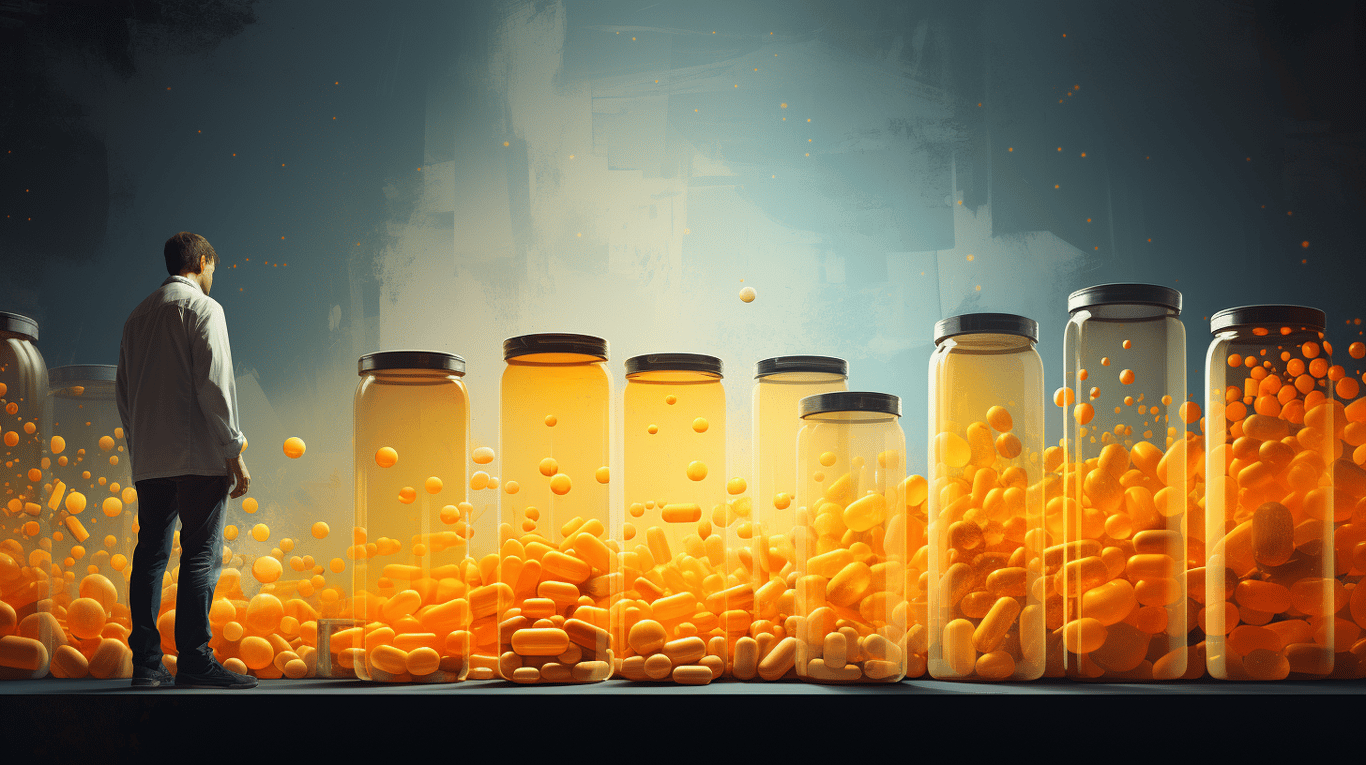 abstract image of a researcher studying a bottle of drug.