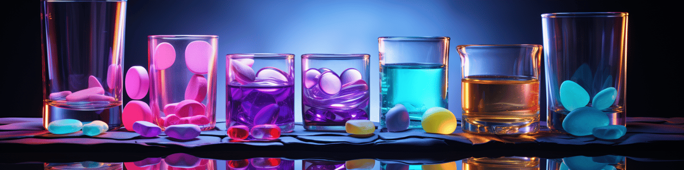 image of drug pills surrounding a glass of water symbolizing drug consumption