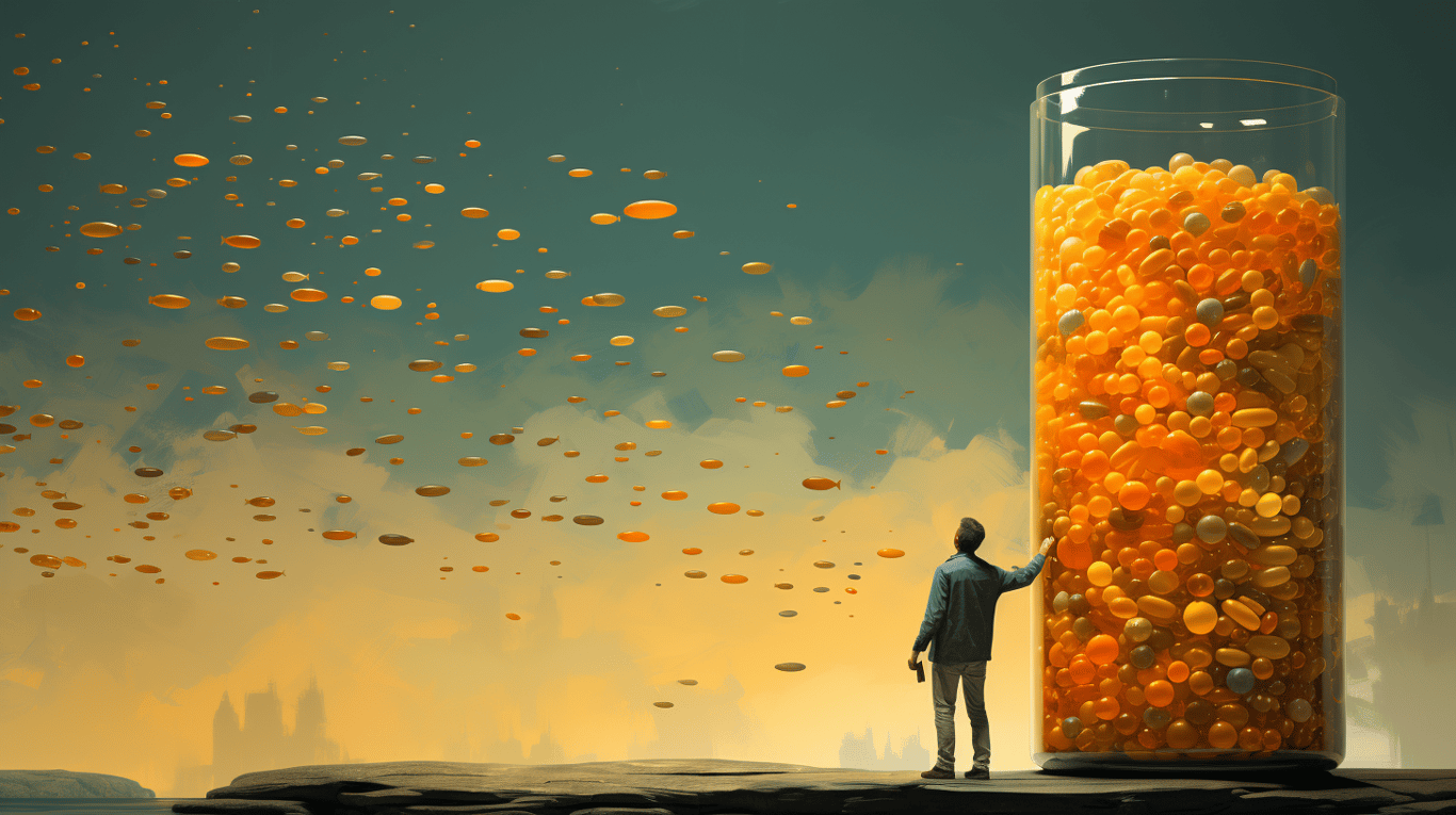 abstract image of a researcher studying a bottle of drug.