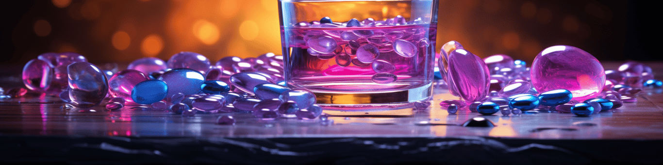 image of drug pills surrounding a glass of water symbolizing drug consumption