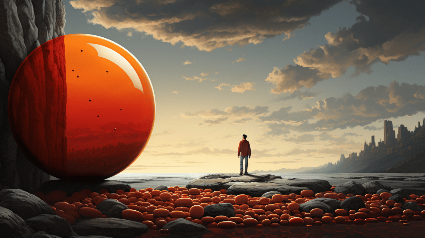 abstract image of a researcher studying a bottle of drug.