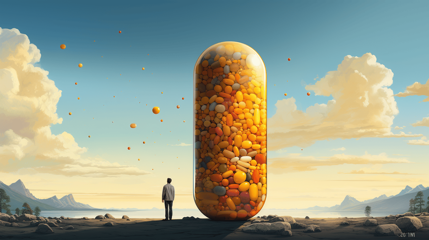 abstract image of a researcher studying a bottle of drug.