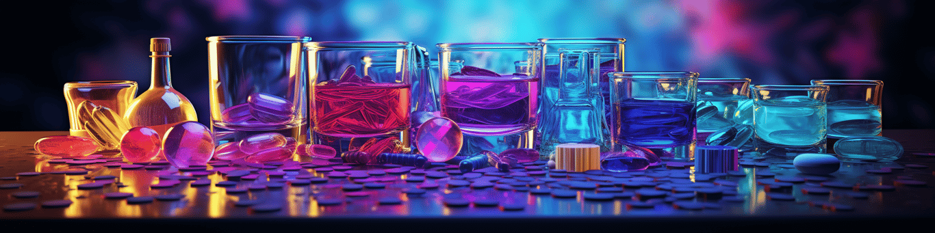 image of drug pills surrounding a glass of water symbolizing drug consumption