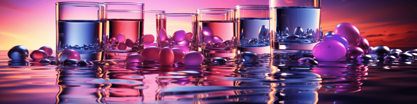 image of drug pills surrounding a glass of water symbolizing drug consumption