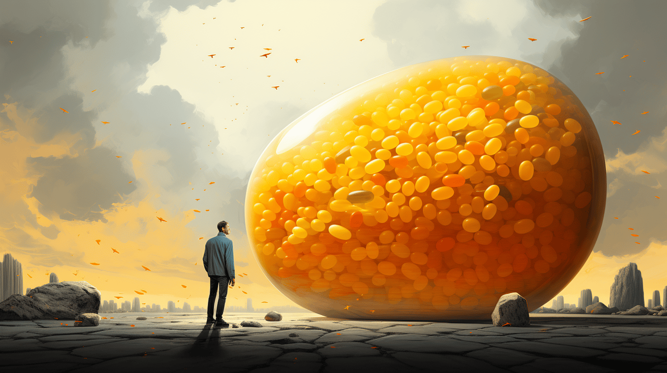 abstract image of a researcher studying a bottle of drug.