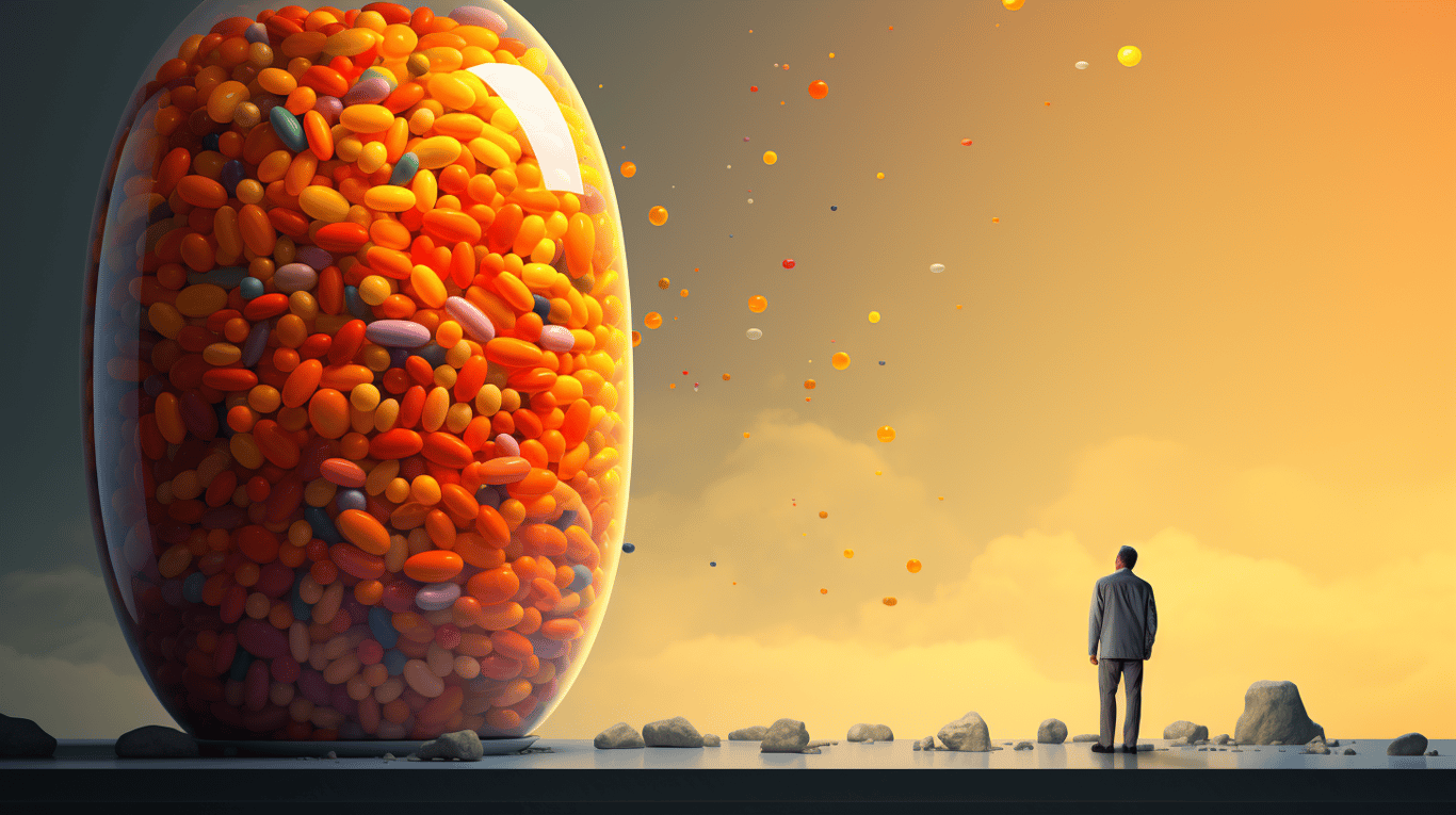 abstract image of a researcher studying a bottle of drug.