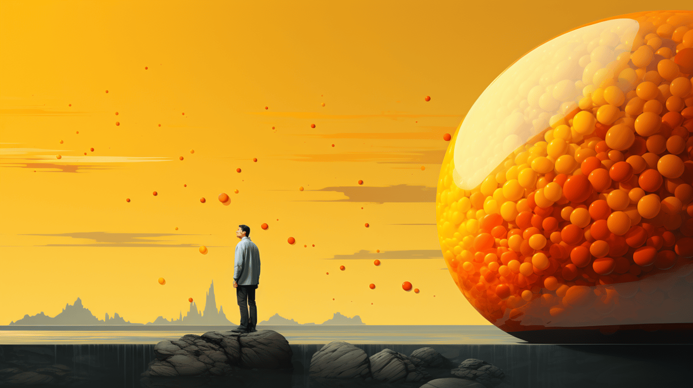 abstract image of a researcher studying a bottle of drug.