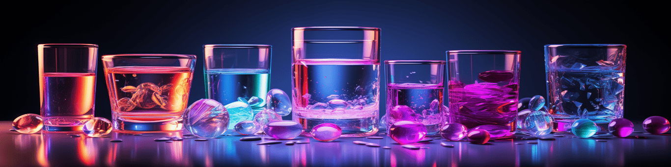 image of drug pills surrounding a glass of water symbolizing drug consumption