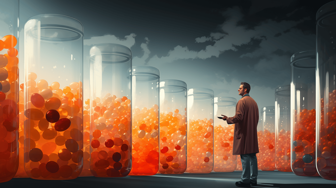 abstract image of a researcher studying a bottle of drug.