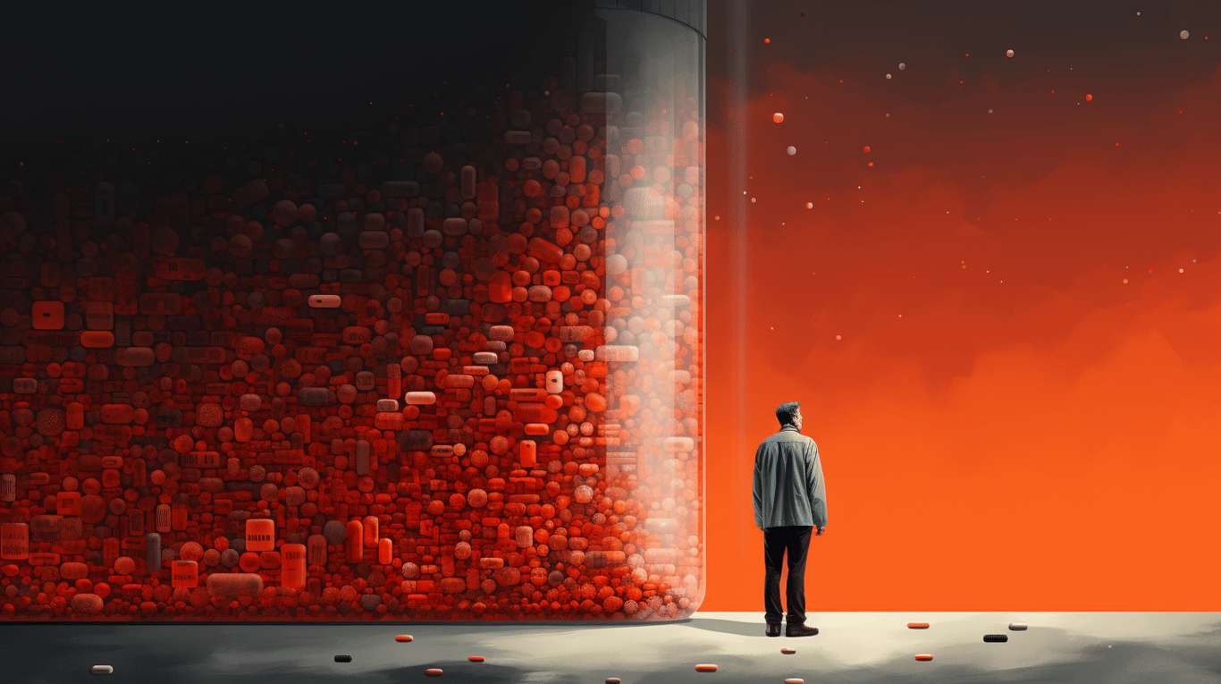 abstract image of a researcher studying a bottle of drug.