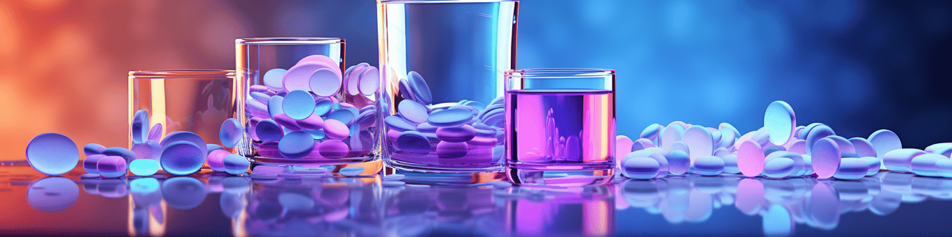 image of drug pills surrounding a glass of water symbolizing drug consumption