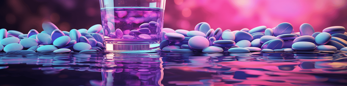 image of drug pills surrounding a glass of water symbolizing drug consumption