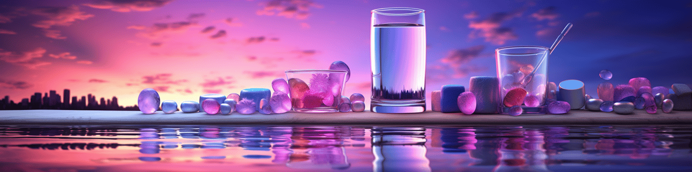 image of drug pills surrounding a glass of water symbolizing drug consumption