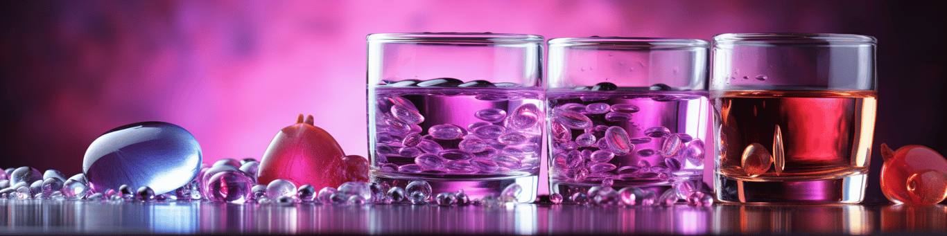 image of drug pills surrounding a glass of water symbolizing drug consumption