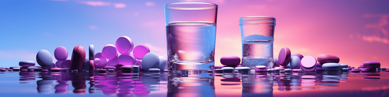 image of drug pills surrounding a glass of water symbolizing drug consumption