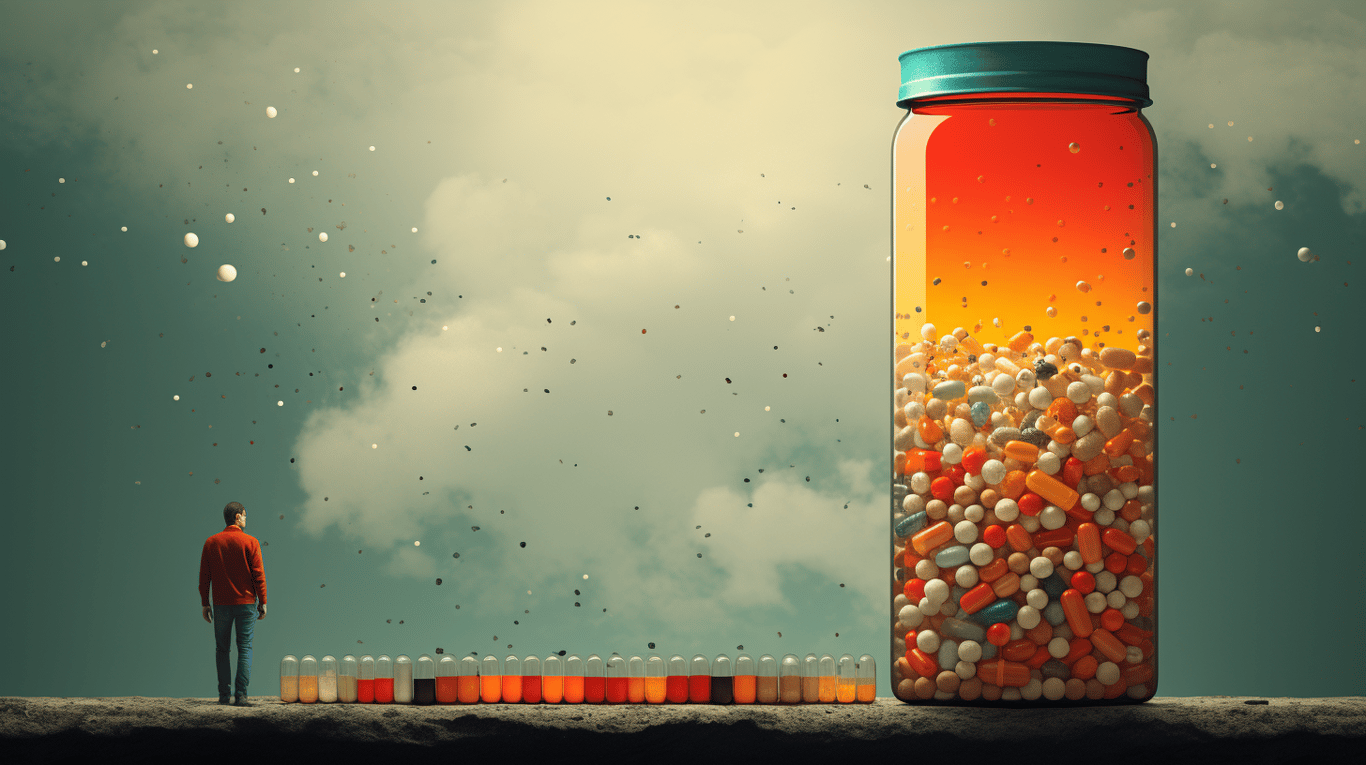 abstract image of a researcher studying a bottle of drug.