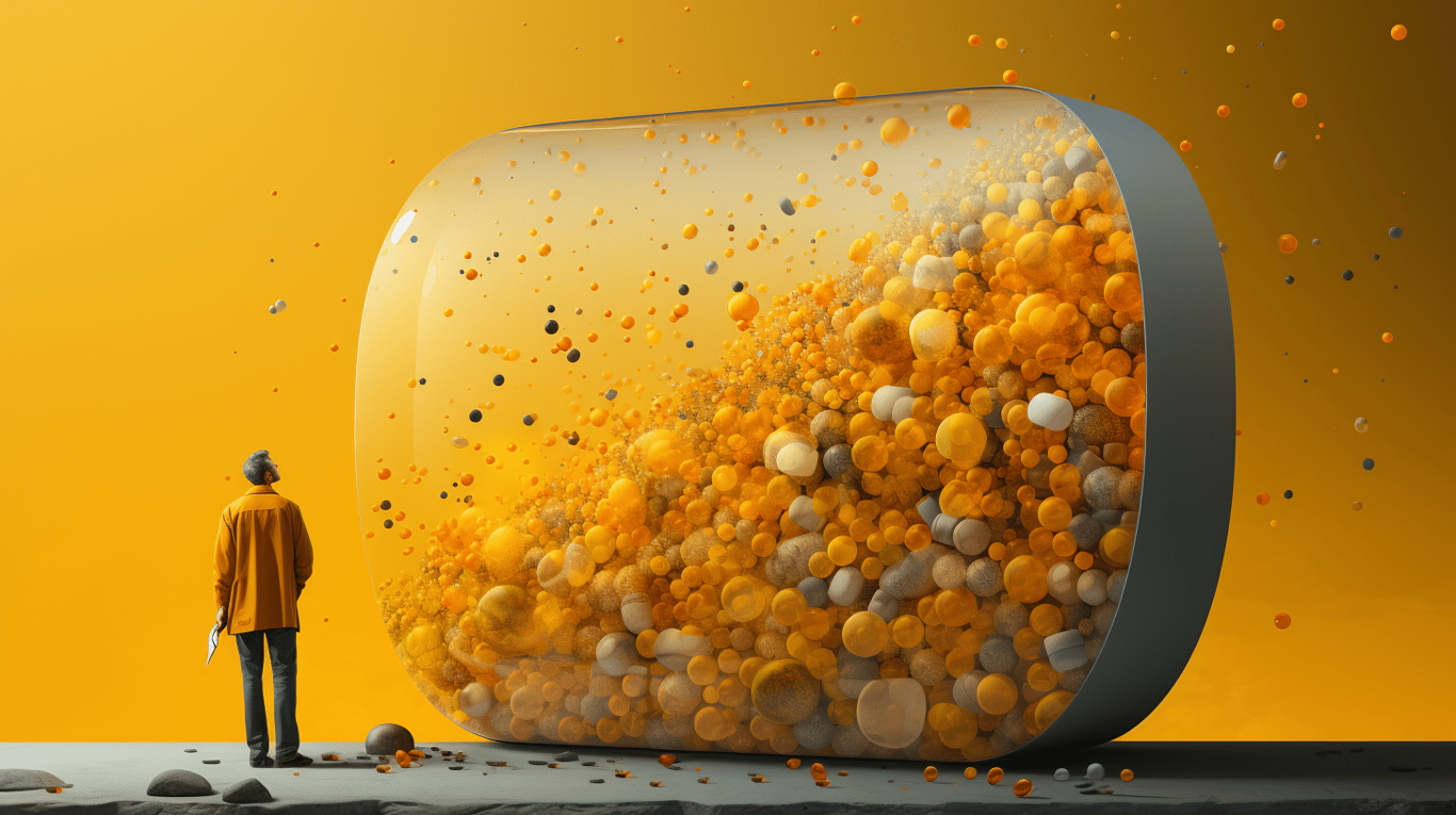 abstract image of a researcher studying a bottle of drug.