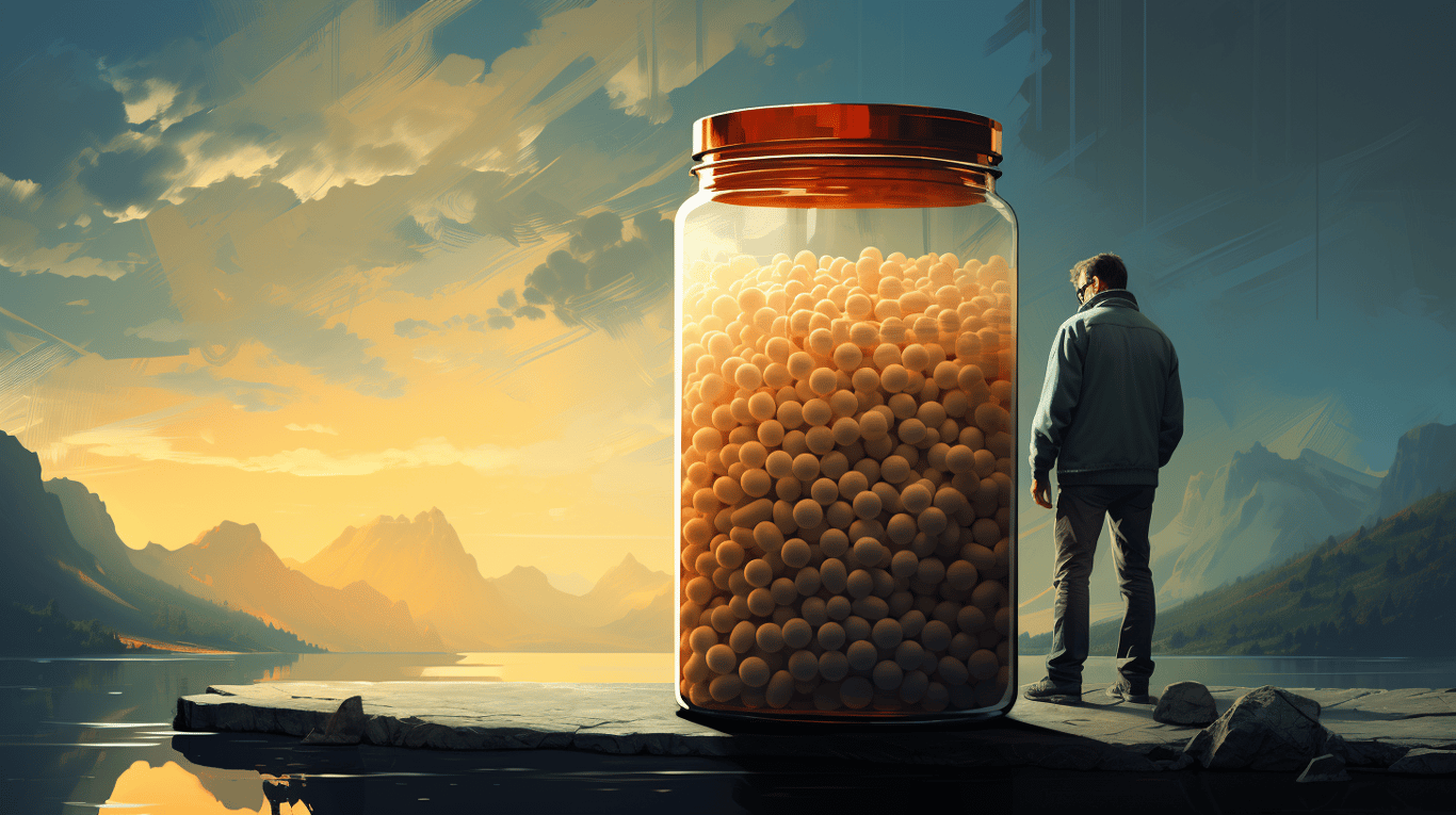 abstract image of a researcher studying a bottle of drug.