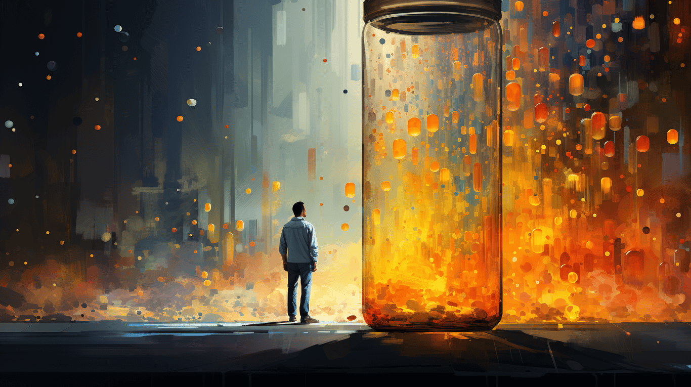 abstract image of a researcher studying a bottle of drug.