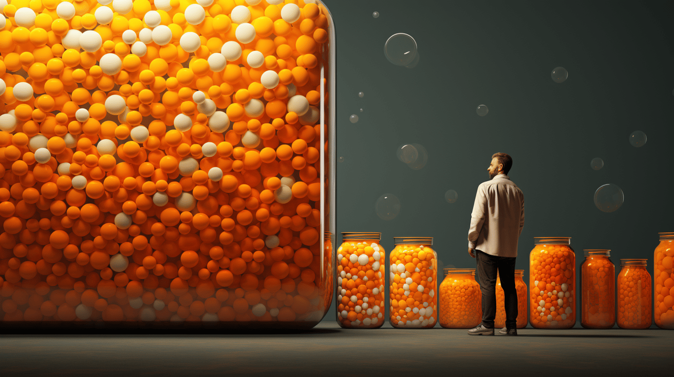 abstract image of a researcher studying a bottle of drug.