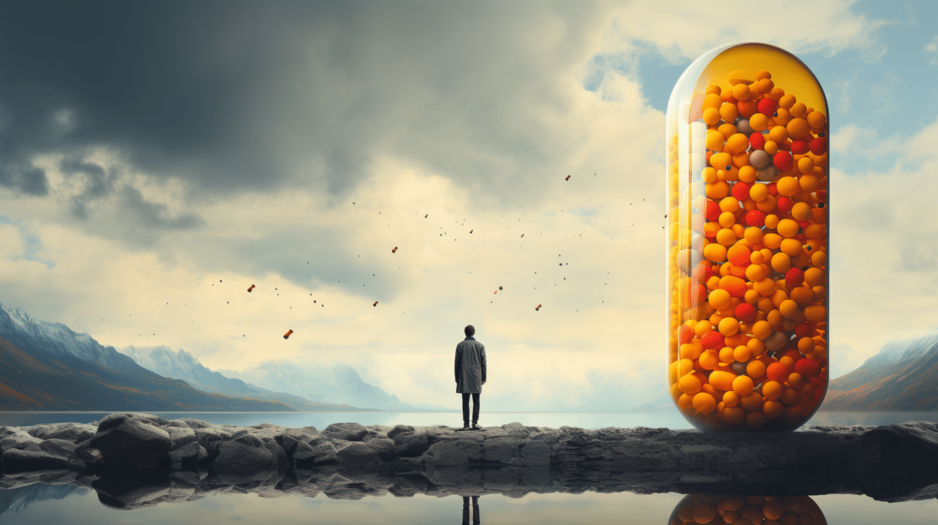 abstract image of a researcher studying a bottle of drug.