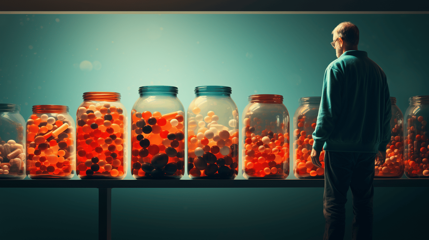 abstract image of a researcher studying a bottle of drug.