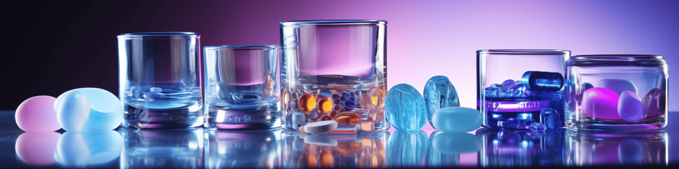 image of drug pills surrounding a glass of water symbolizing drug consumption