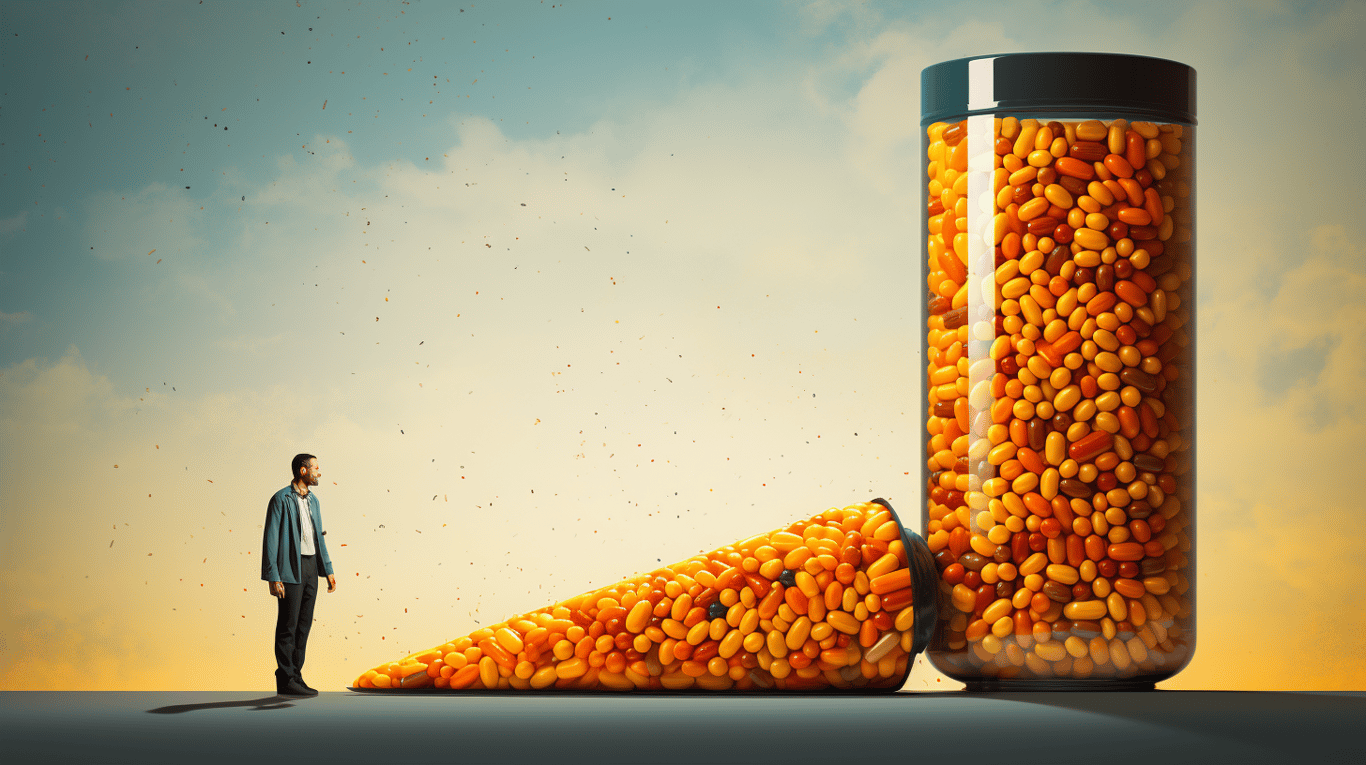 abstract image of a researcher studying a bottle of drug.