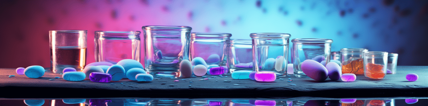 image of drug pills surrounding a glass of water symbolizing drug consumption