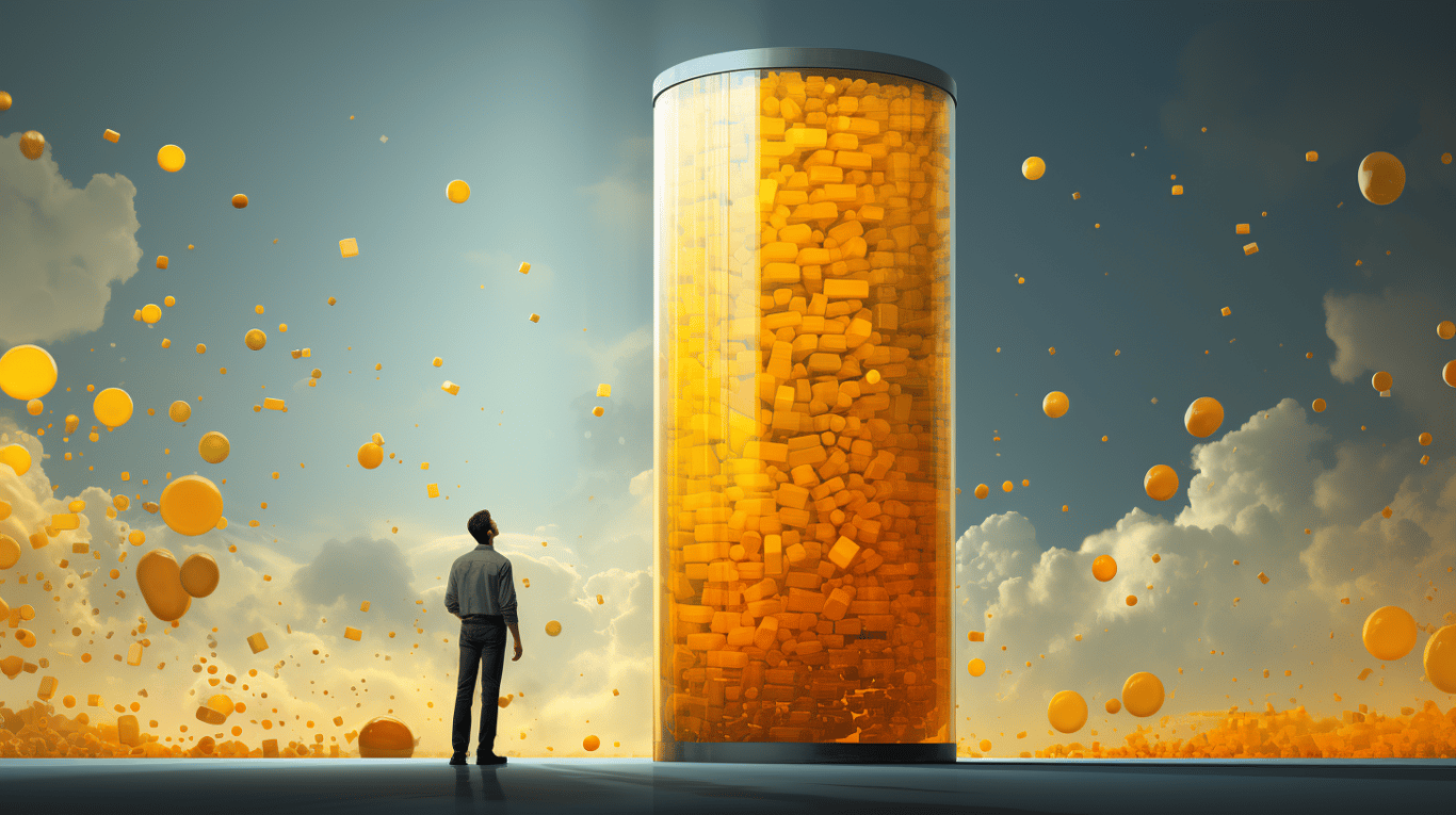 abstract image of a researcher studying a bottle of drug.