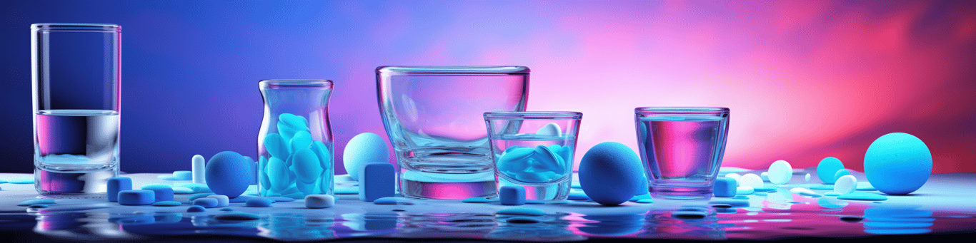 image of drug pills surrounding a glass of water symbolizing drug consumption