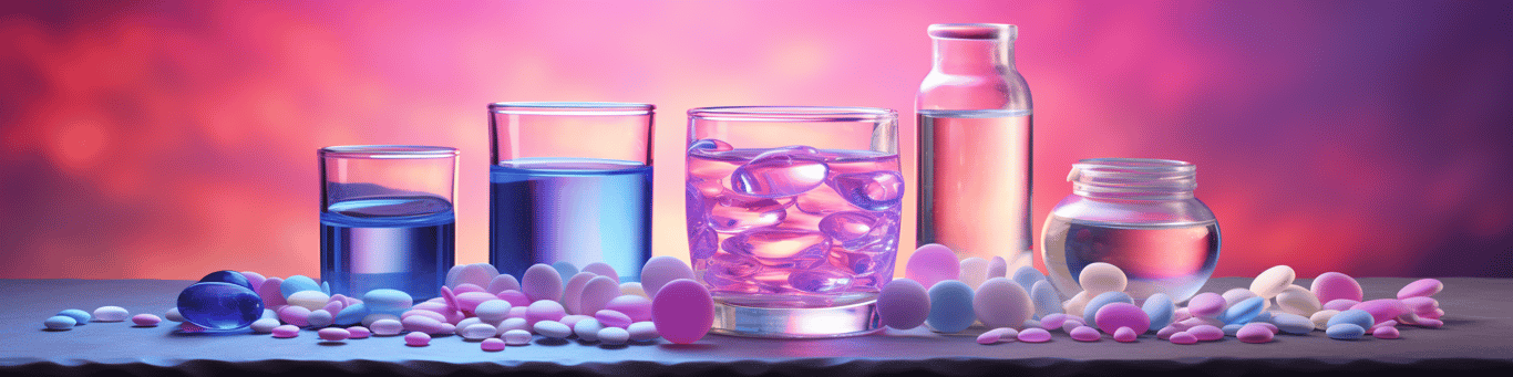 image of drug pills surrounding a glass of water symbolizing drug consumption