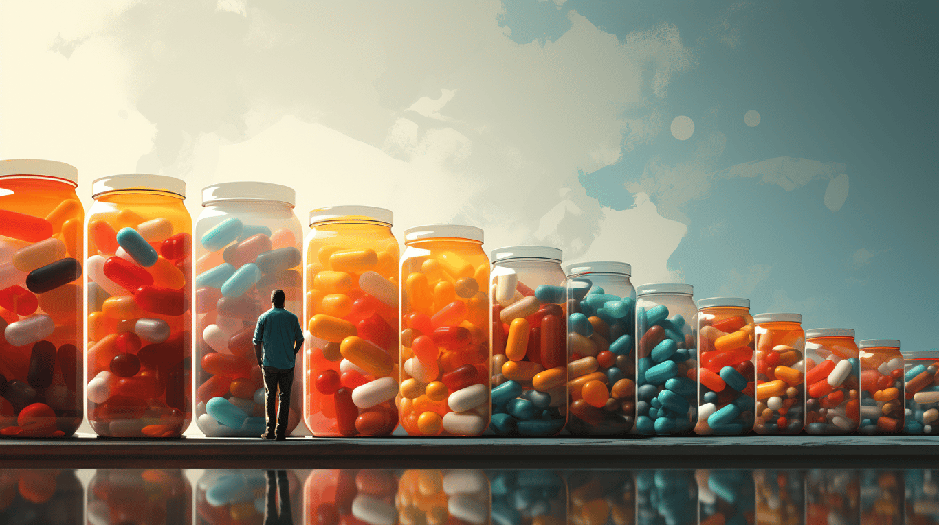 abstract image of a researcher studying a bottle of drug.