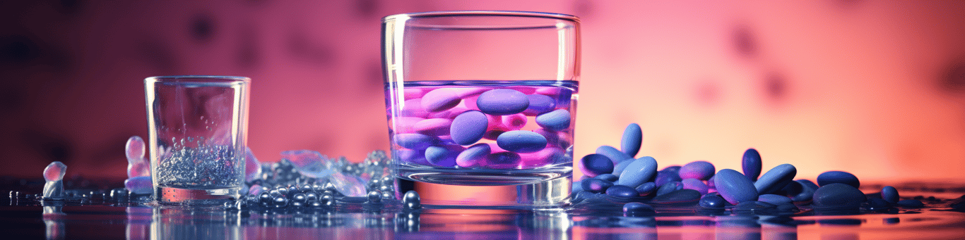 image of drug pills surrounding a glass of water symbolizing drug consumption