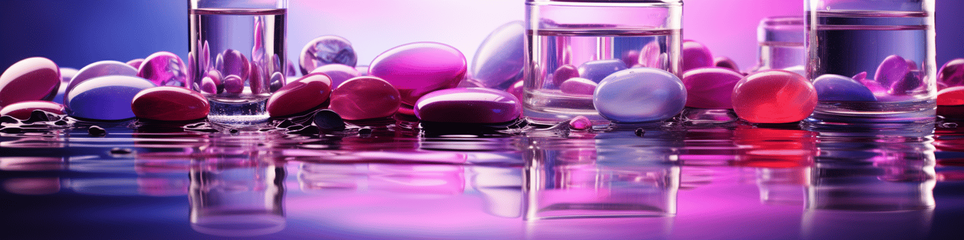 image of drug pills surrounding a glass of water symbolizing drug consumption