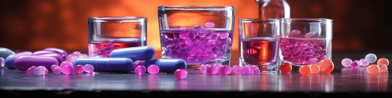 image of drug pills surrounding a glass of water symbolizing drug consumption
