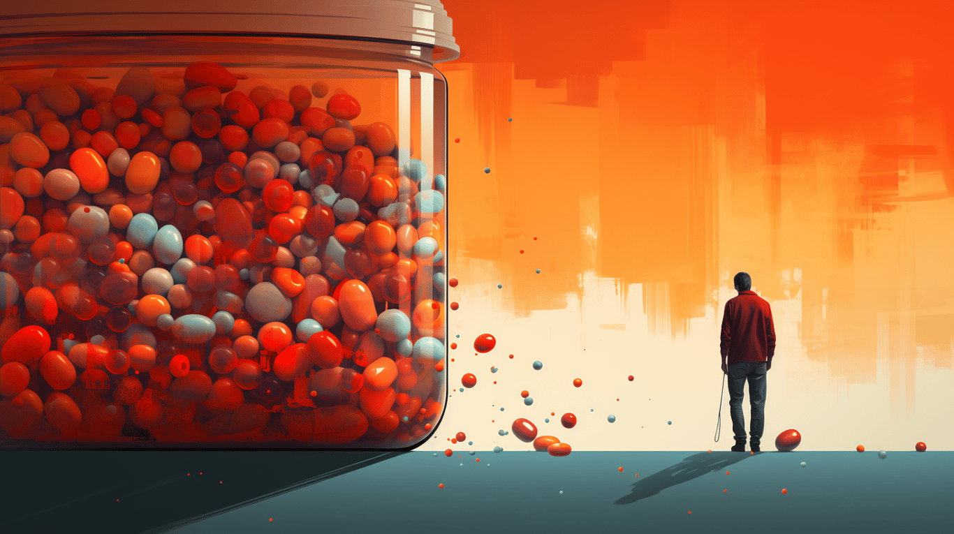 abstract image of a researcher studying a bottle of drug.