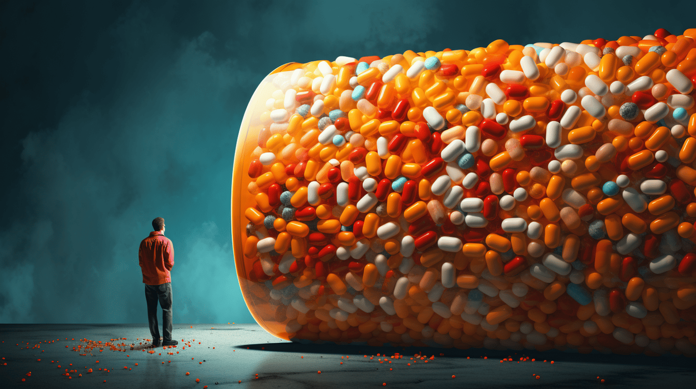 abstract image of a researcher studying a bottle of drug.