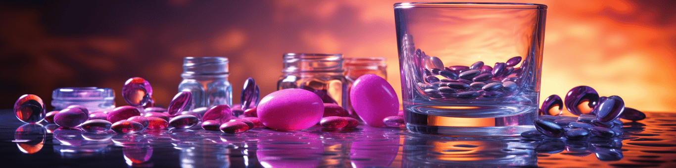 image of drug pills surrounding a glass of water symbolizing drug consumption