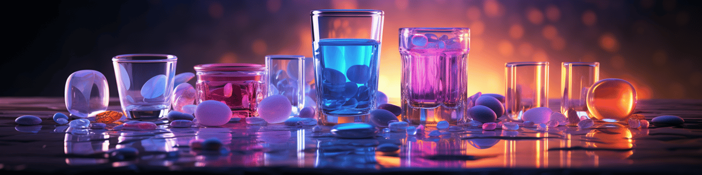 image of drug pills surrounding a glass of water symbolizing drug consumption