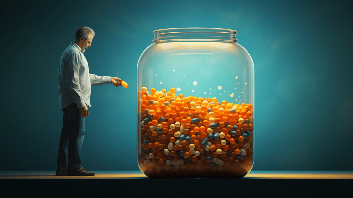 abstract image of a researcher studying a bottle of drug.