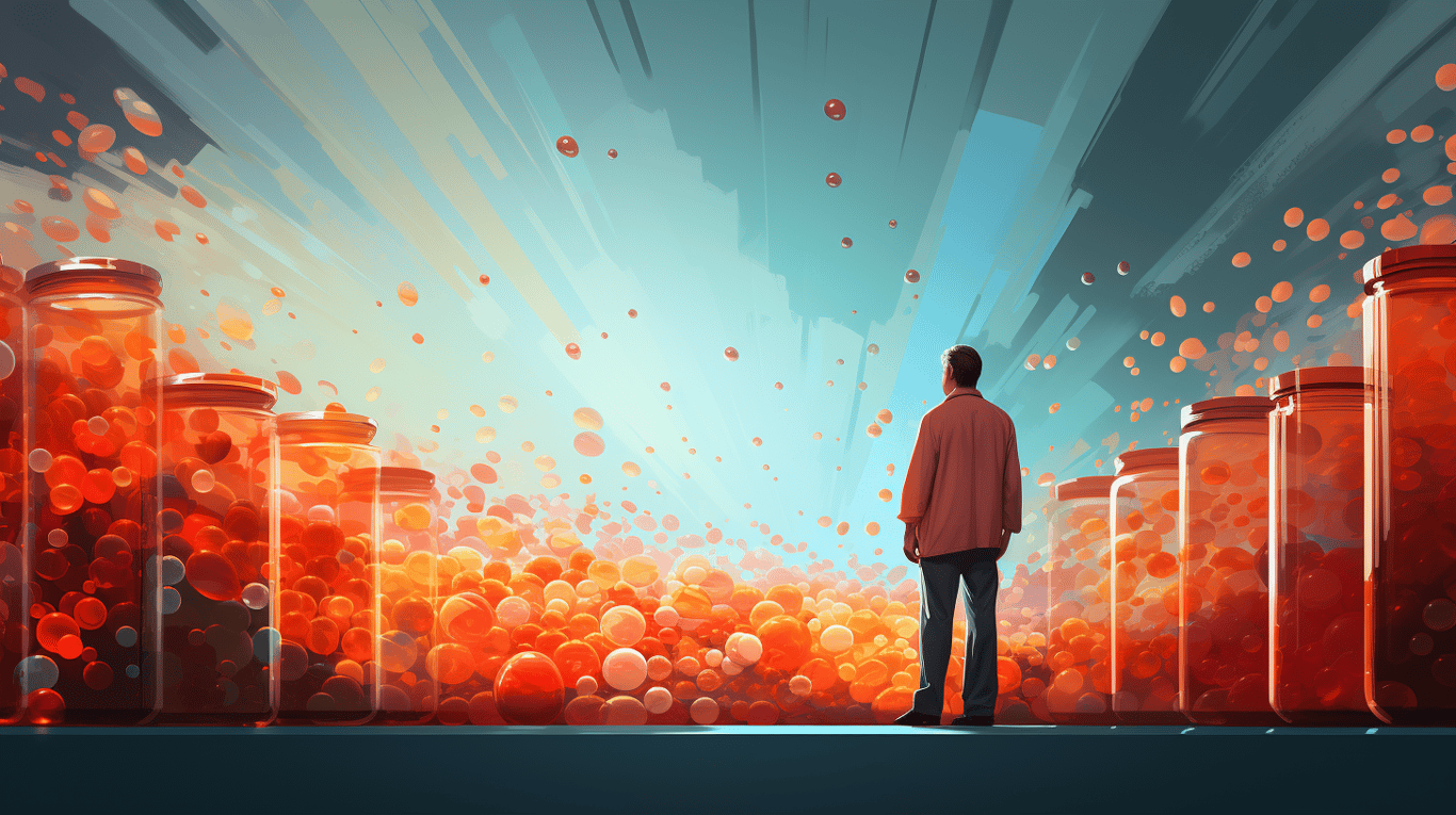 abstract image of a researcher studying a bottle of drug.