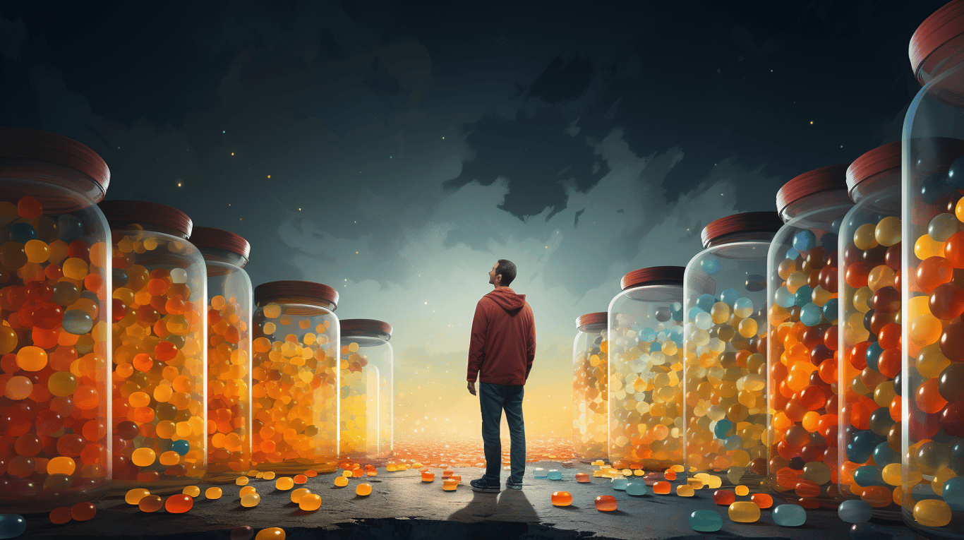 abstract image of a researcher studying a bottle of drug.