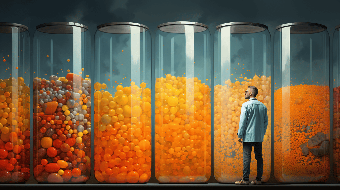 abstract image of a researcher studying a bottle of drug.