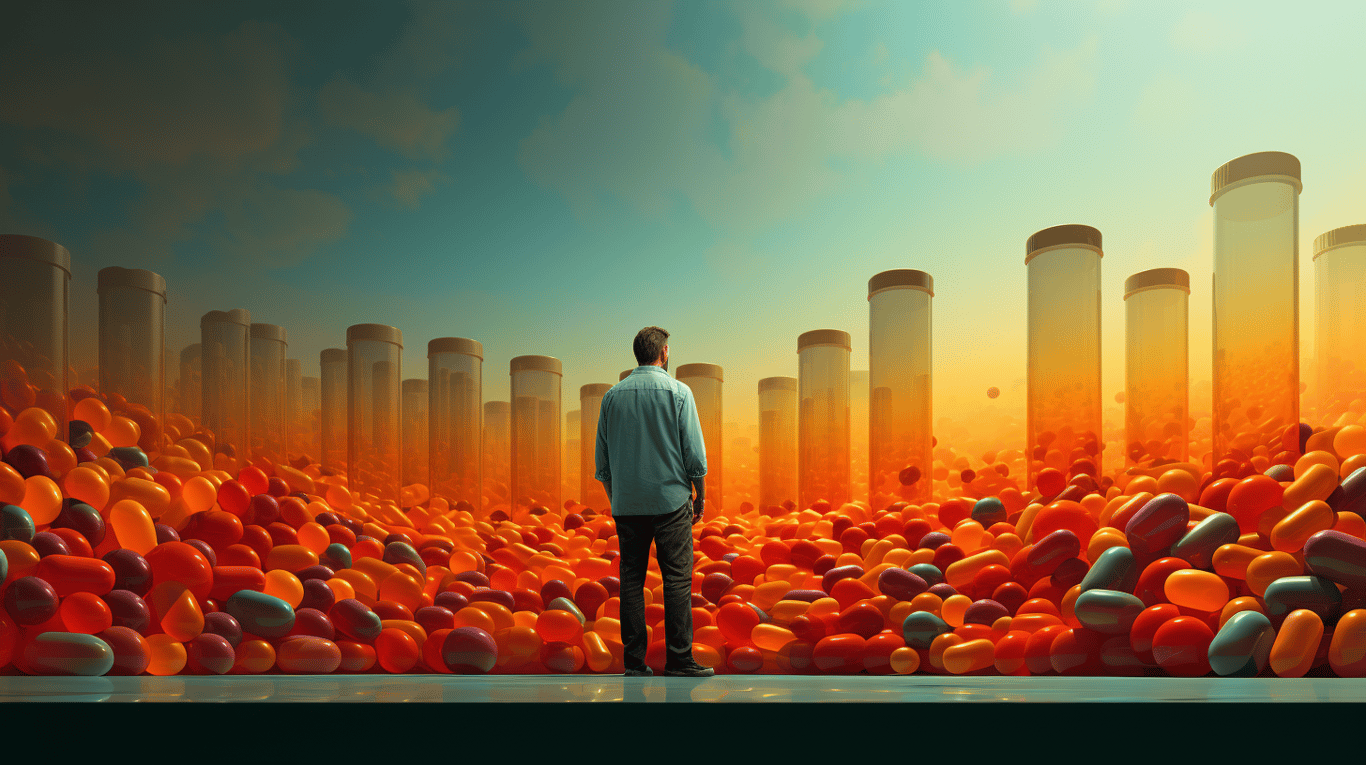 abstract image of a researcher studying a bottle of drug.