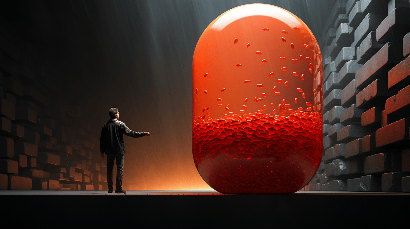 abstract image of a researcher studying a bottle of drug.